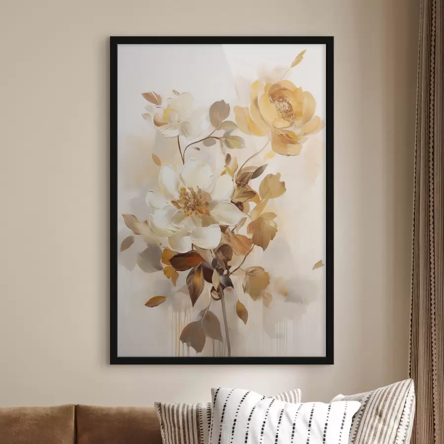 Fototapete Abstrakte Blumen mit braunen Blättern, malerischer Stil und Pinselstriche f49145
