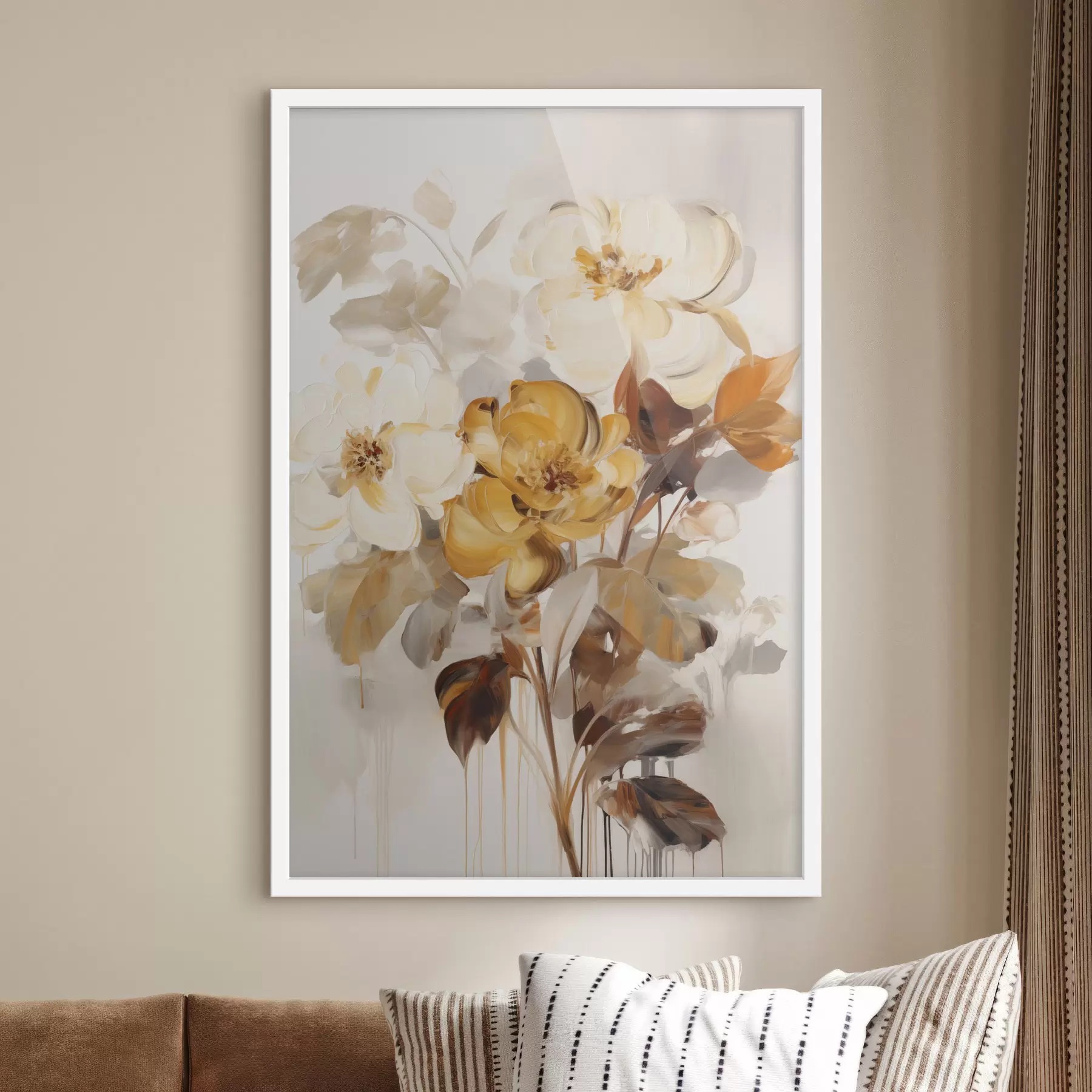 Fototapete Abstrakte Blumen mit braunen Blättern, malerischer Stil und Pinselstriche f49146