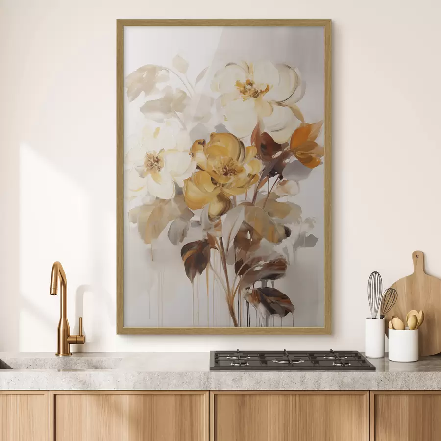 Fototapete Abstrakte Blumen mit braunen Blättern, malerischer Stil und Pinselstriche f49146