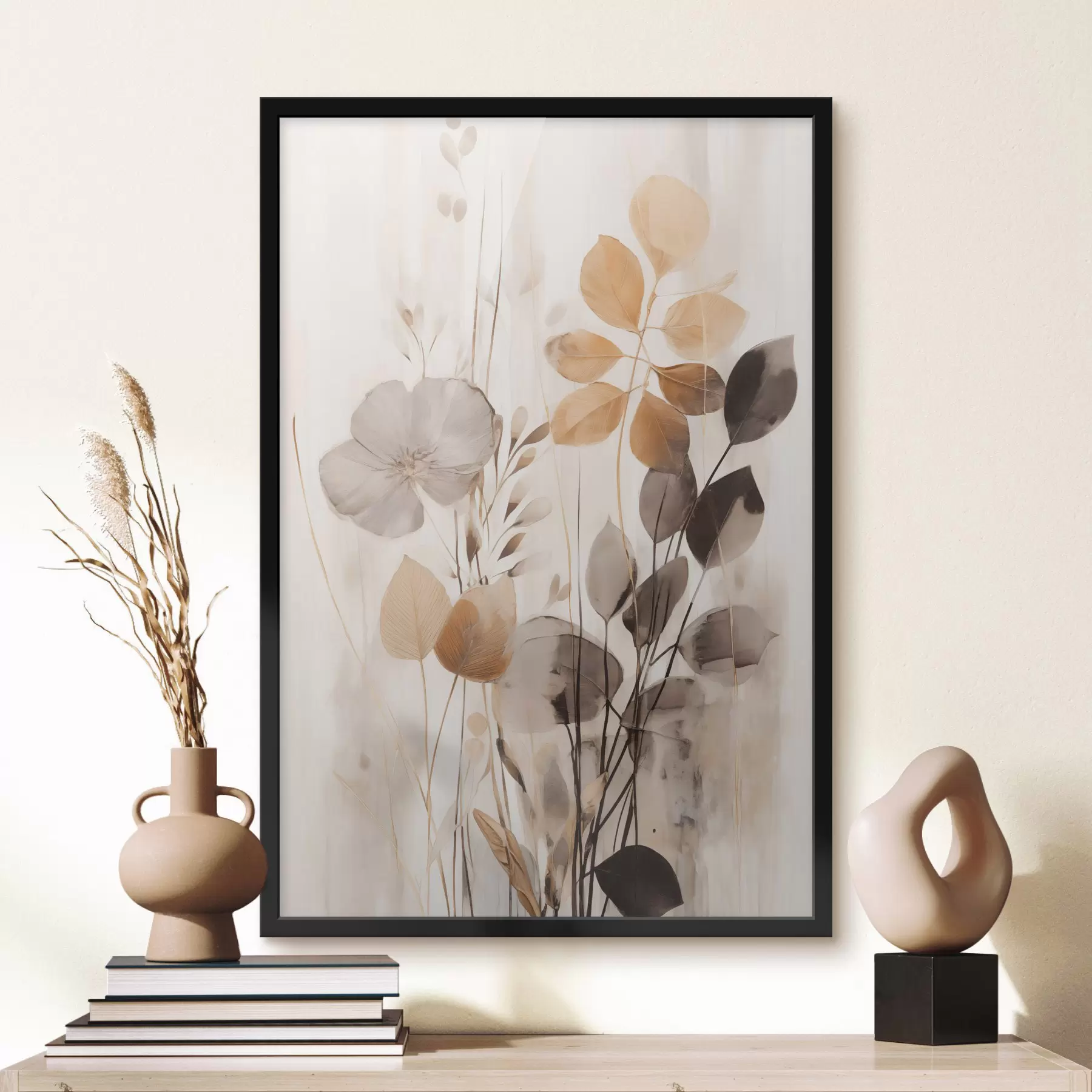 Fototapete Blumenarrangement in gedämpften Orange- und Grautönen, abstrakte Kunst f49147