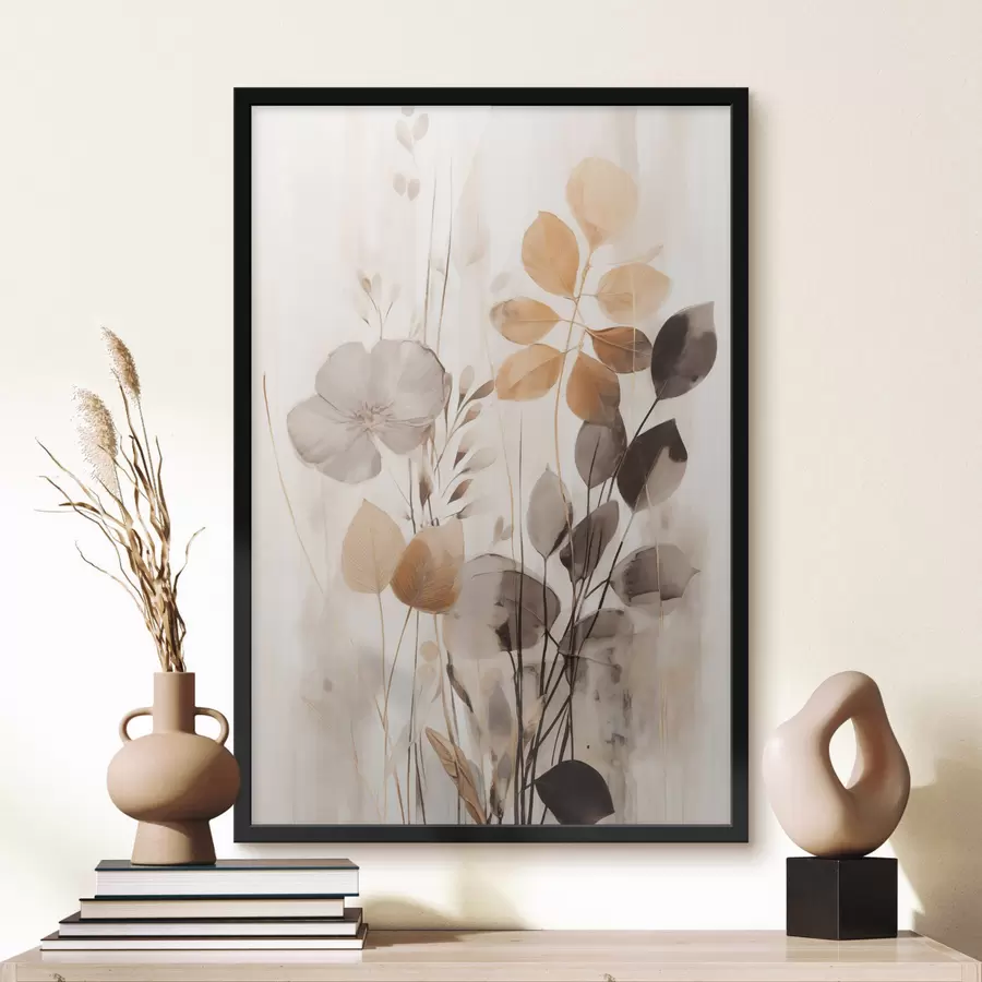 Fototapete Blumenarrangement in gedämpften Orange- und Grautönen, abstrakte Kunst f49147