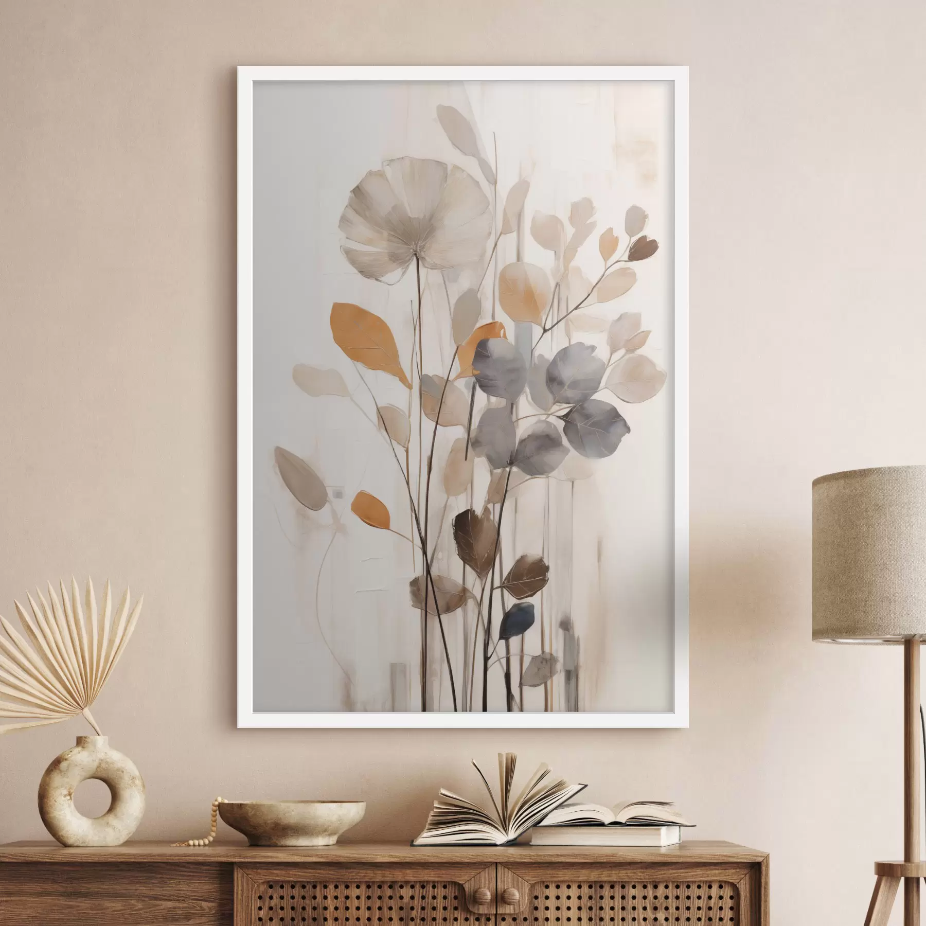Fototapete Blumenarrangement in gedämpften Orange- und Grautönen, abstrakte Kunst f49148