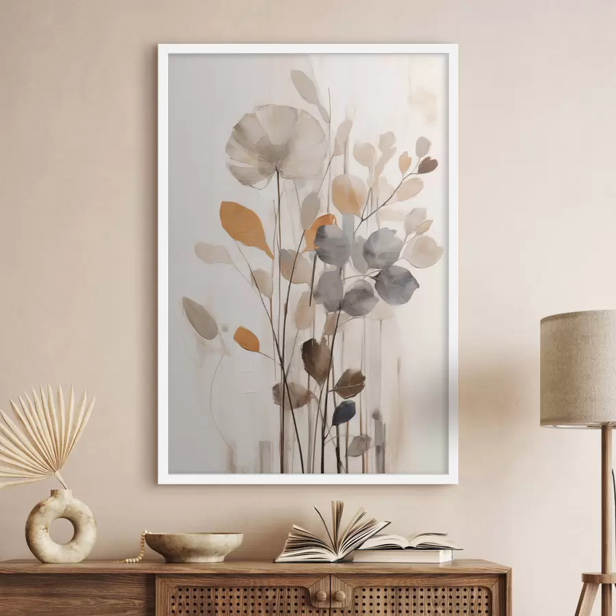 Fototapete Blumenarrangement in gedämpften Orange- und Grautönen, abstrakte Kunst f49148