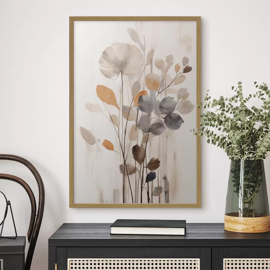 Fototapete Blumenarrangement in gedämpften Orange- und Grautönen, abstrakte Kunst f49148
