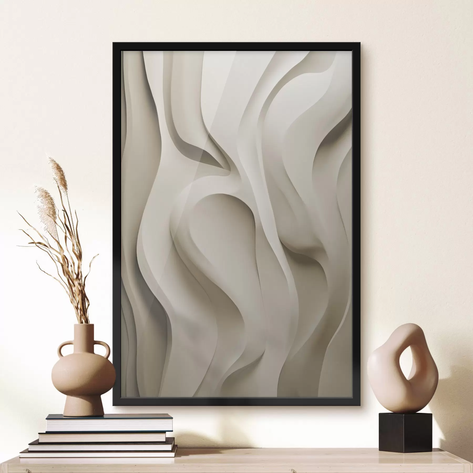 Fototapete Abstrakte beigefarbene, wellenförmige Formen mit sanften Kurven, moderne minimalistische Kunst f49149