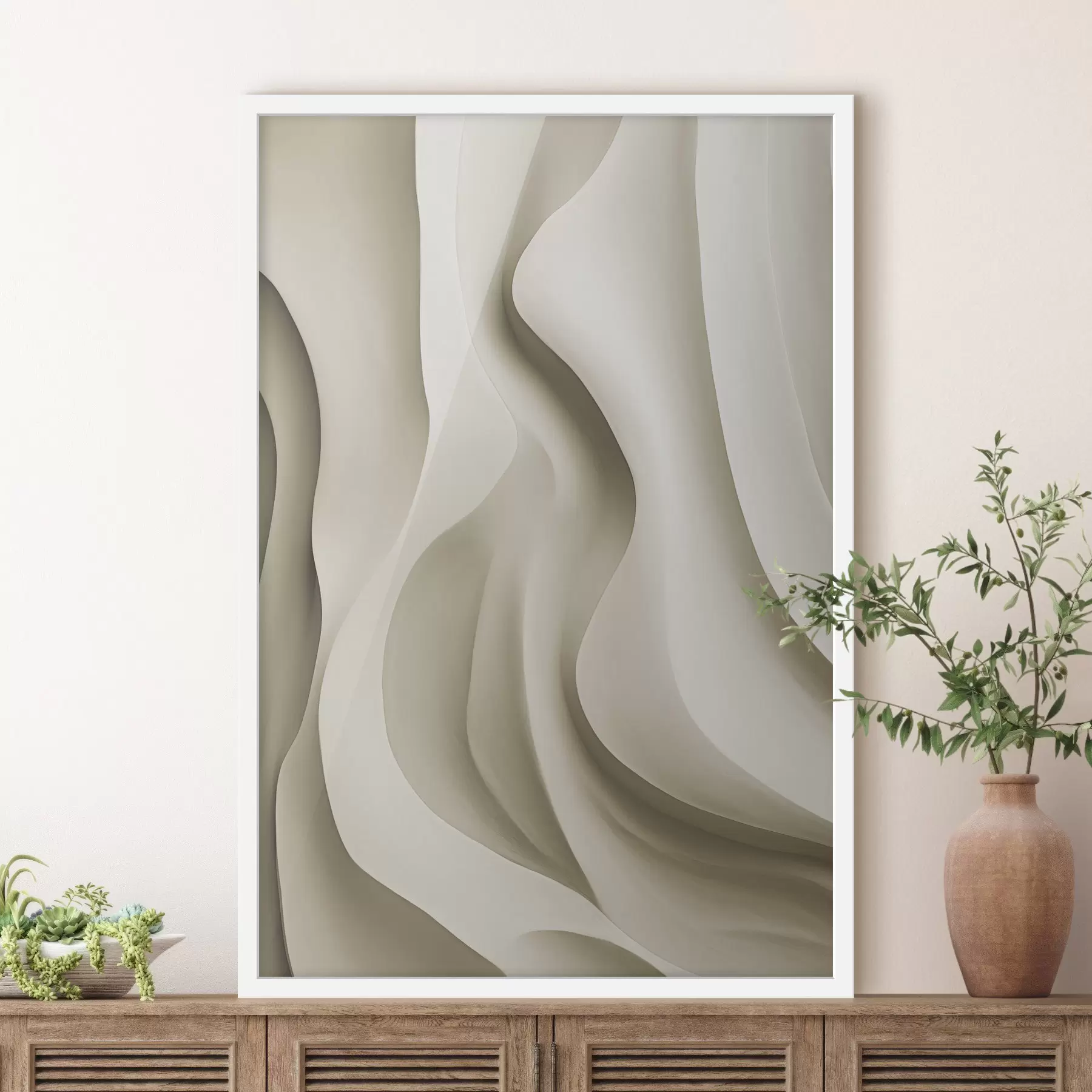 Fototapete Abstrakte beigefarbene, wellenförmige Formen mit sanften Kurven, moderne minimalistische Kunst f49150
