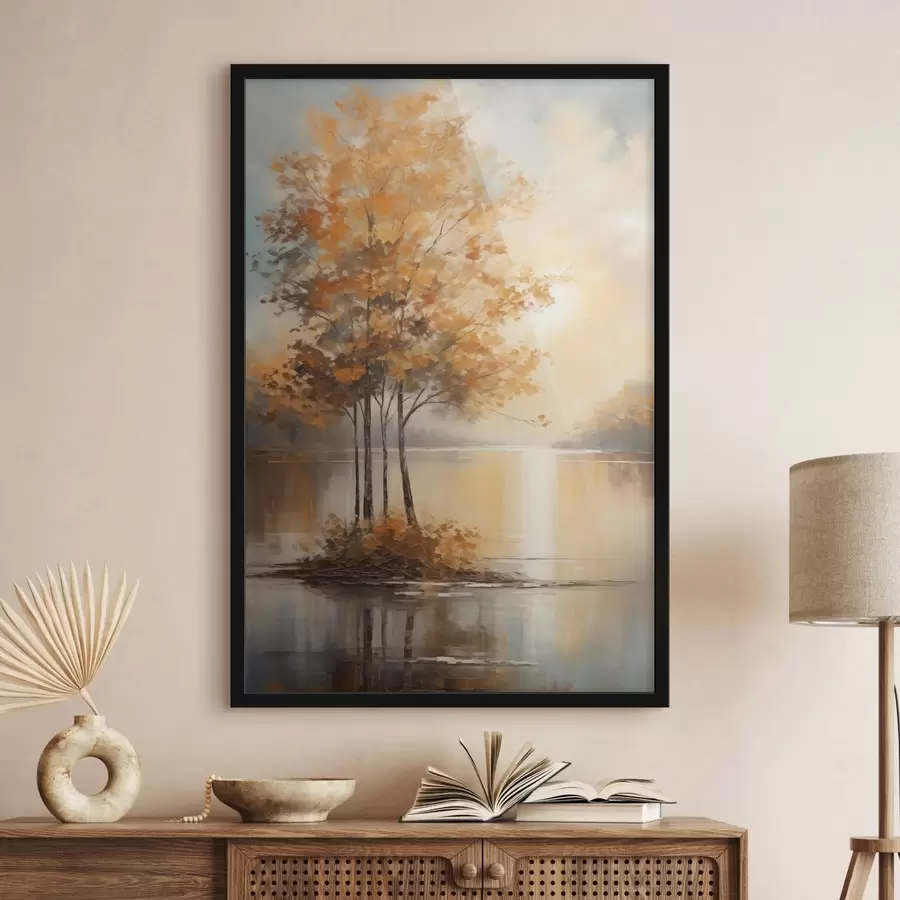 Fototapete Landschaft, Bäume mit orangefarbenen Blättern, See, die Sonne im Hintergrund f49151