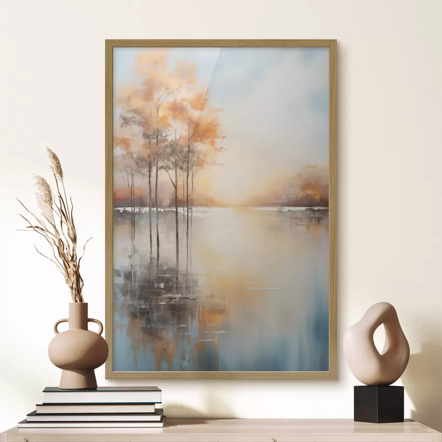 Fototapete Landschaft, Bäume mit orangefarbenen Blättern, See, die Sonne im Hintergrund f49152