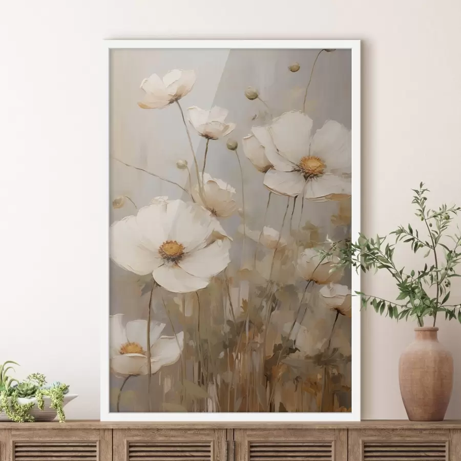Fototapete Weiße Mohnblumen, gemalt in einem sanften, impressionistischen Stil vor einem gedämpften Hintergrund f49159