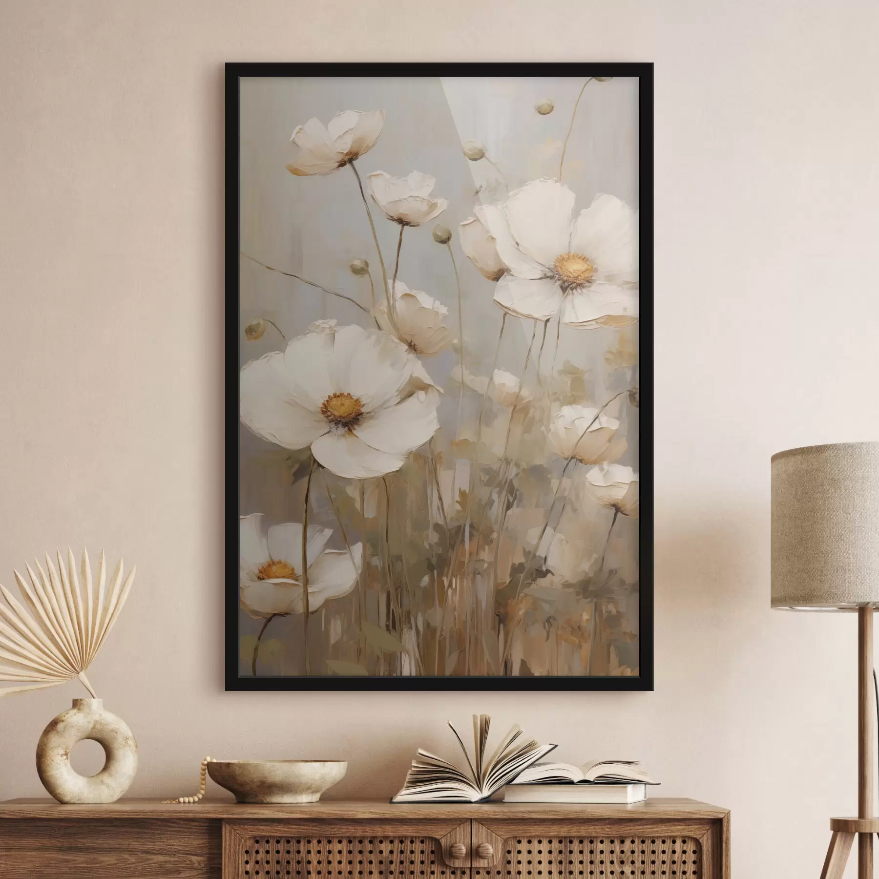 Fototapete Weiße Mohnblumen, gemalt in einem sanften, impressionistischen Stil vor einem gedämpften Hintergrund f49159