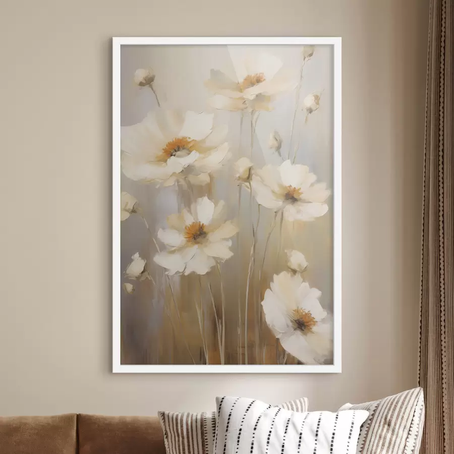 Fototapete Weiße Mohnblumen, gemalt in einem sanften, impressionistischen Stil vor einem gedämpften Hintergrund f49160