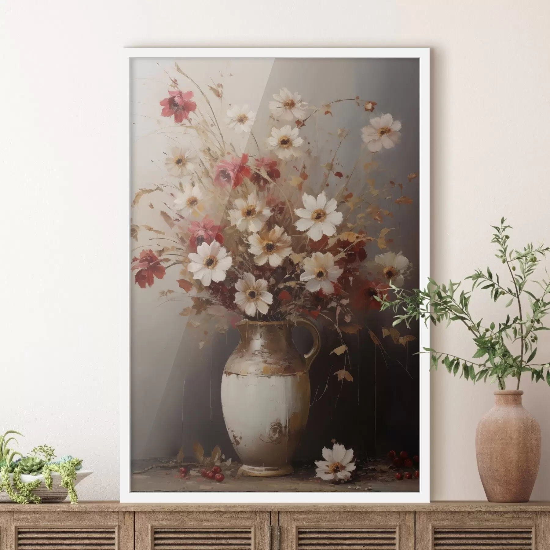 Fototapete Ein Strauß aus weißen und roten Blumen mit braunen Akzenten in einer Vase, im malerischen Stil f49161