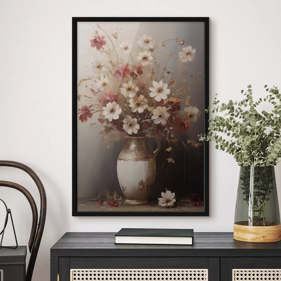 Fototapete Ein Strauß aus weißen und roten Blumen mit braunen Akzenten in einer Vase, im malerischen Stil f49161