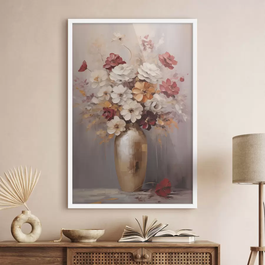 Fototapete Ein Strauß aus weißen und roten Blumen mit braunen Akzenten in einer Vase, im malerischen Stil f49162