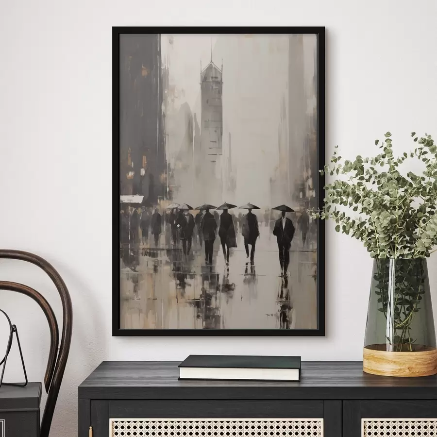 Fototapete Eine Gruppe von Menschen mit Regenschirmen geht eine nasse Straße in einer Stadt entlang f49168