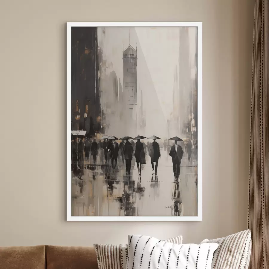 Fototapete Eine Gruppe von Menschen mit Regenschirmen geht eine nasse Straße in einer Stadt entlang f49168