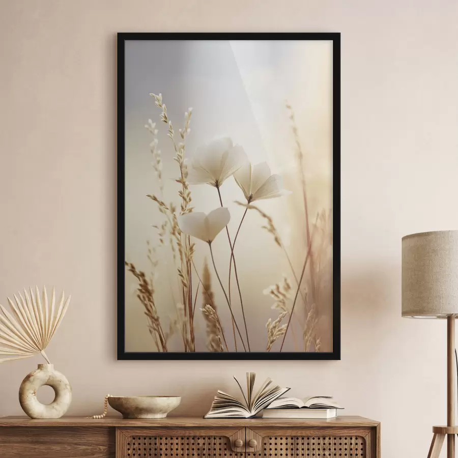 Fototapete Blumen, umgeben von trockenen Grashalmen vor einem weichen, verschwommenen Hintergrund f49173