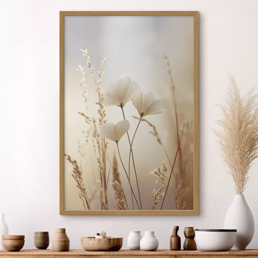 Fototapete Blumen, umgeben von trockenen Grashalmen vor einem weichen, verschwommenen Hintergrund f49173