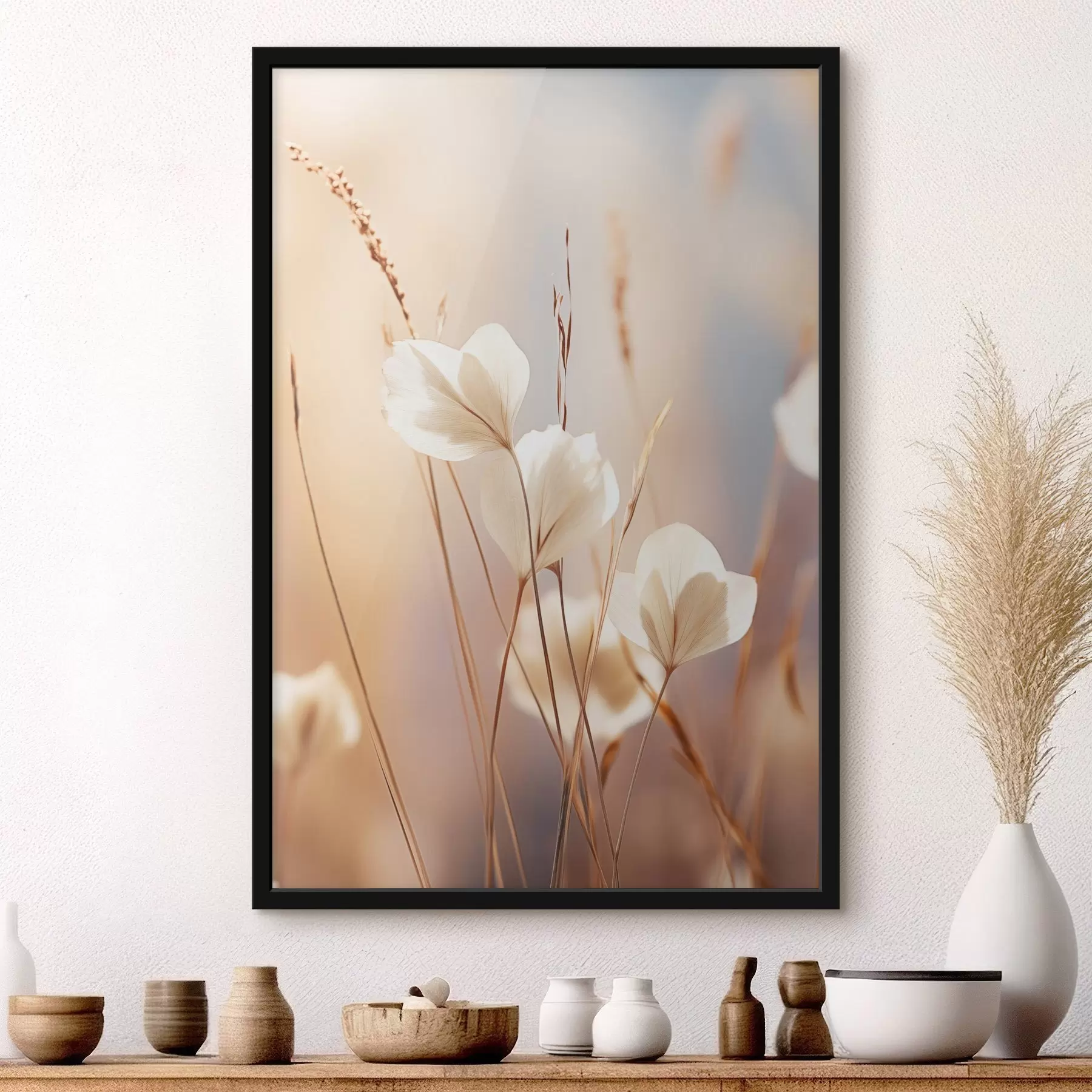 Fototapete Blumen, umgeben von trockenen Grashalmen vor einem weichen, verschwommenen Hintergrund f49174
