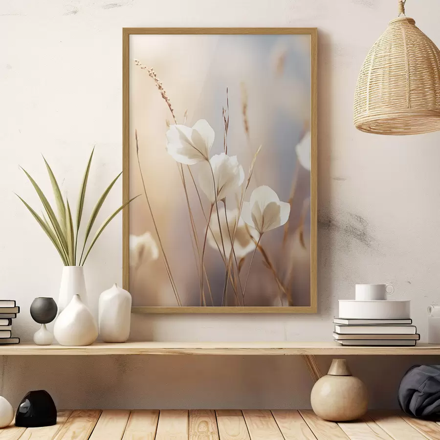 Fototapete Blumen, umgeben von trockenen Grashalmen vor einem weichen, verschwommenen Hintergrund f49174