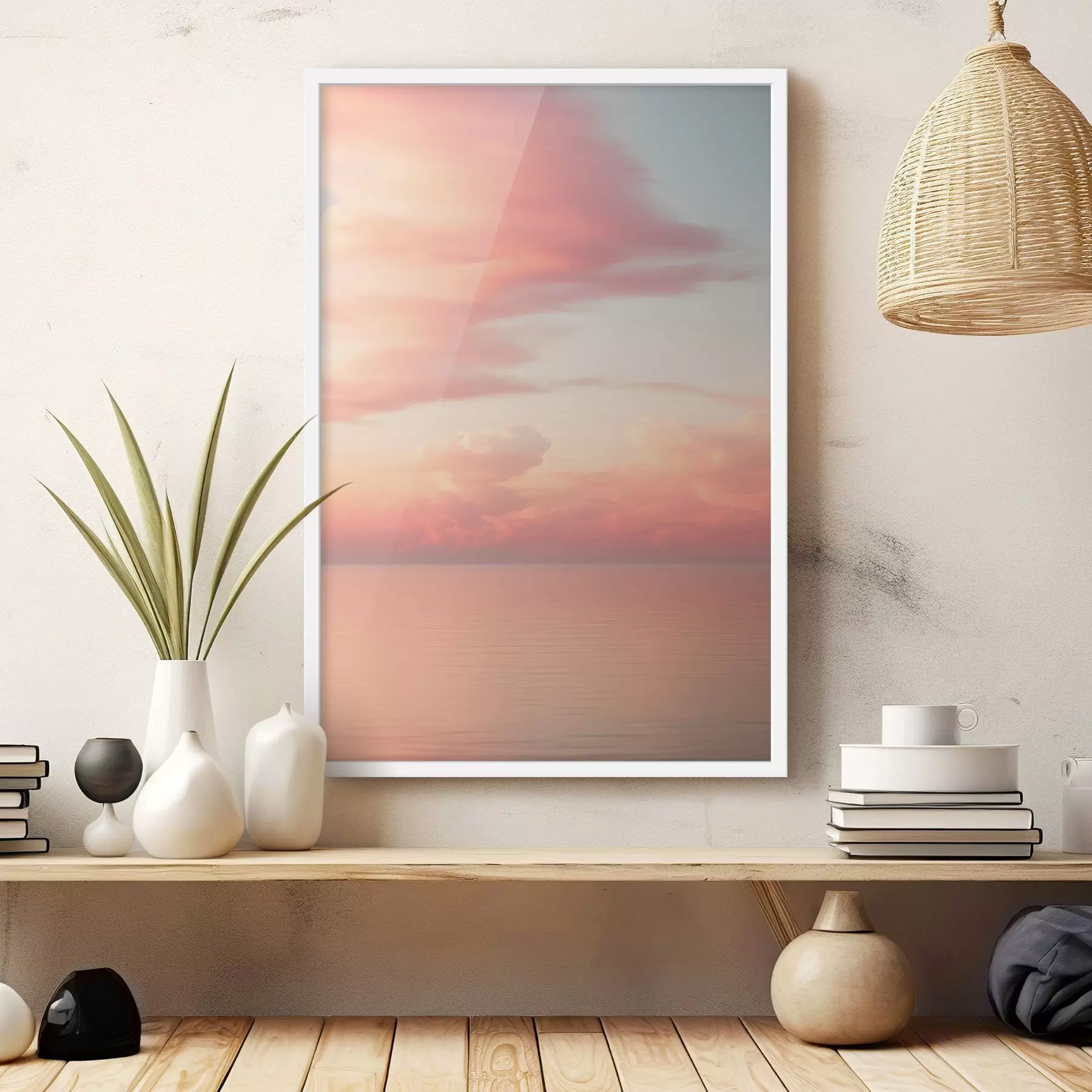 Fototapete Ein pastellfarbener Himmel voller sanfter Wolken über einem ruhigen, spiegelglatten Meer bei Sonnenuntergang f49177