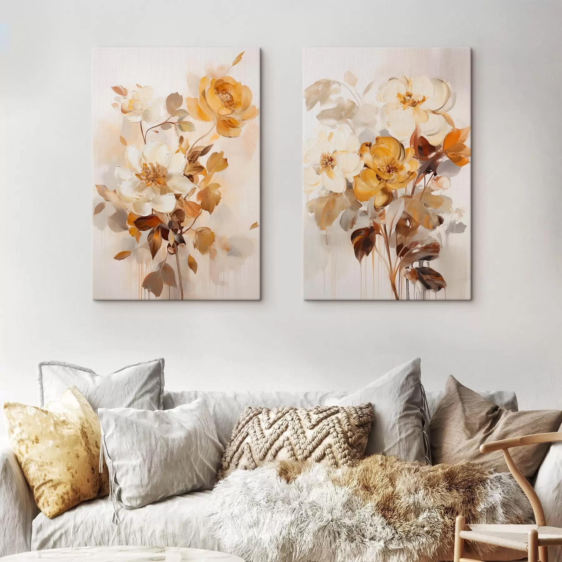 Fototapete Abstrakte Blumen mit braunen Blättern, malerischer Stil und Pinselstriche m30469