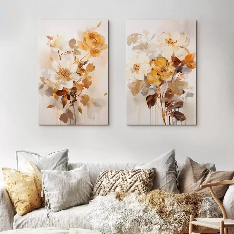 Fototapete Abstrakte Blumen mit braunen Blättern, malerischer Stil und Pinselstriche m30469