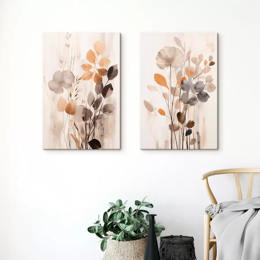 Fototapete Blumenarrangement in gedämpften Orange- und Grautönen, abstrakte Kunst m30470