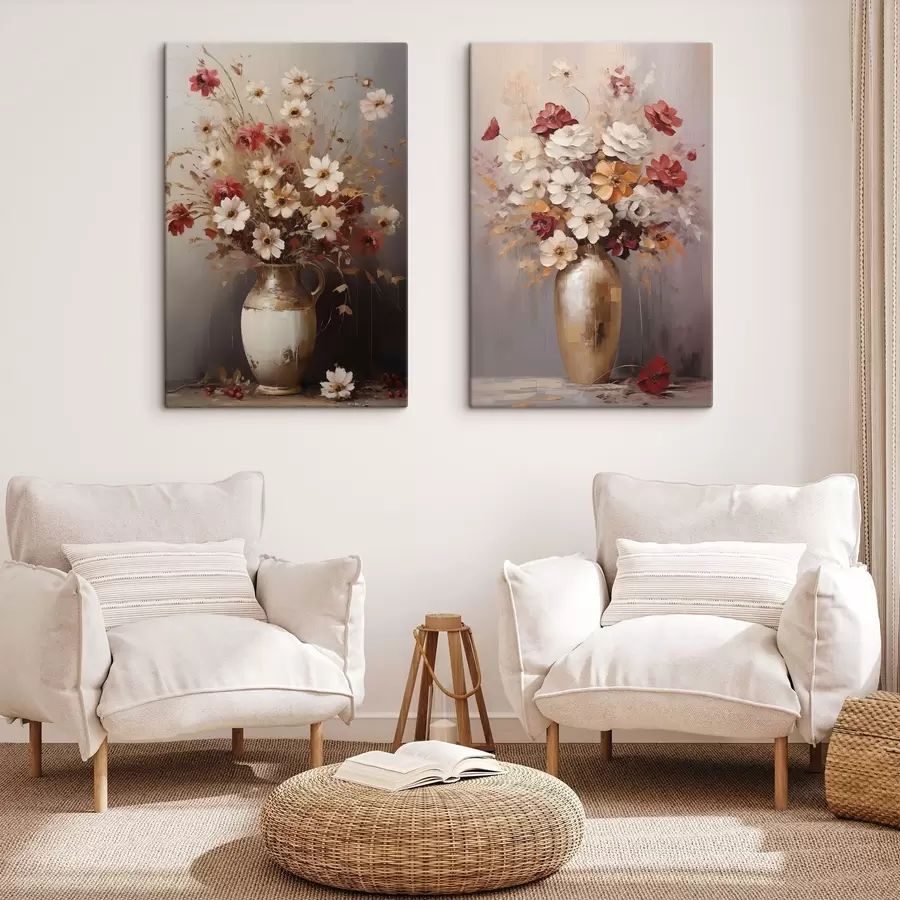 Fototapete Ein Strauß aus weißen und roten Blumen mit braunen Akzenten in einer Vase, im malerischen Stil m30477