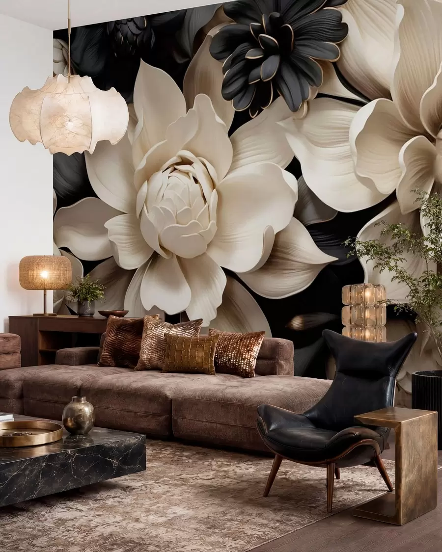 Fototapete Blüten in Creme und Schwarz w05618