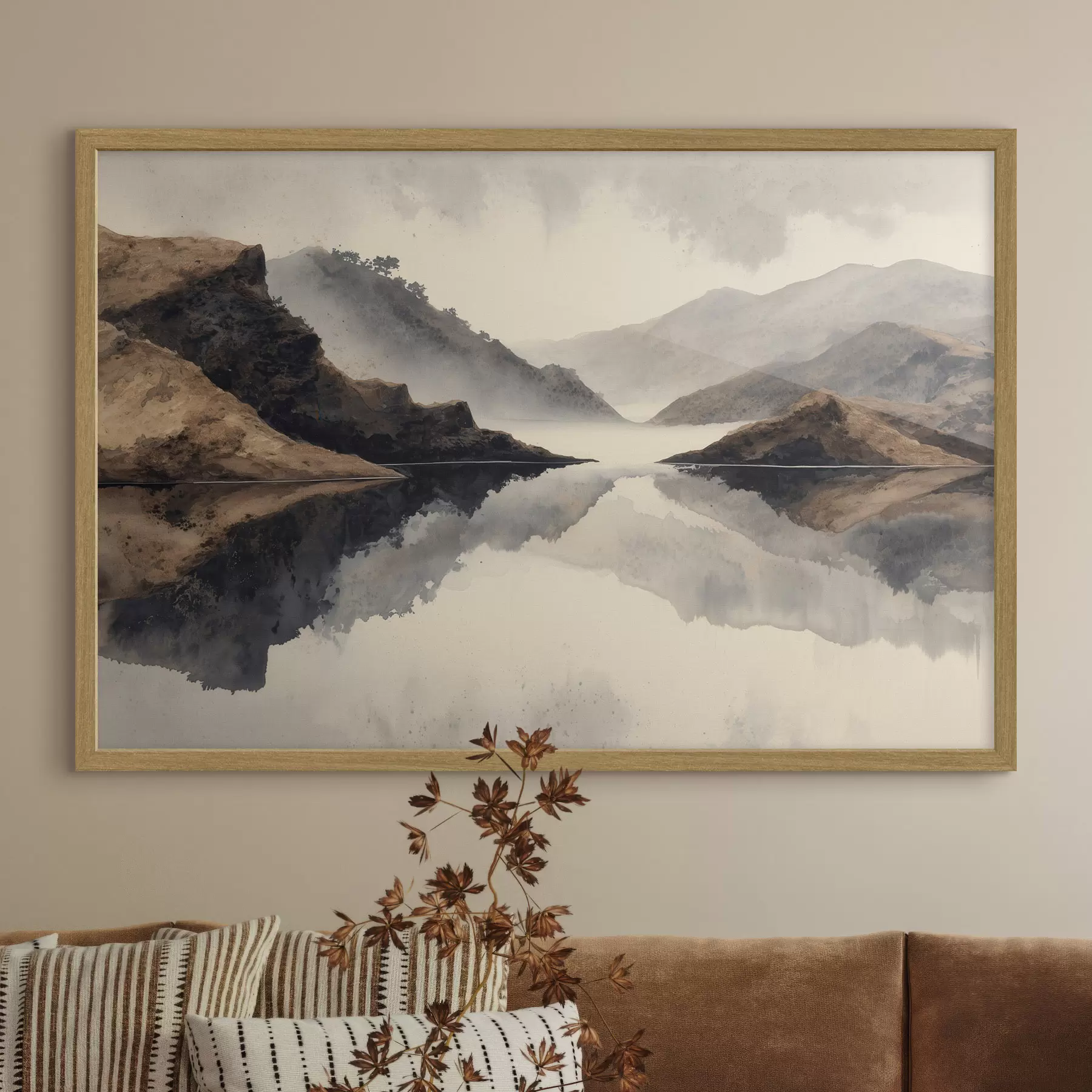 Fototapete Nebelige Berge und ein See mit Spiegelbild f49186
