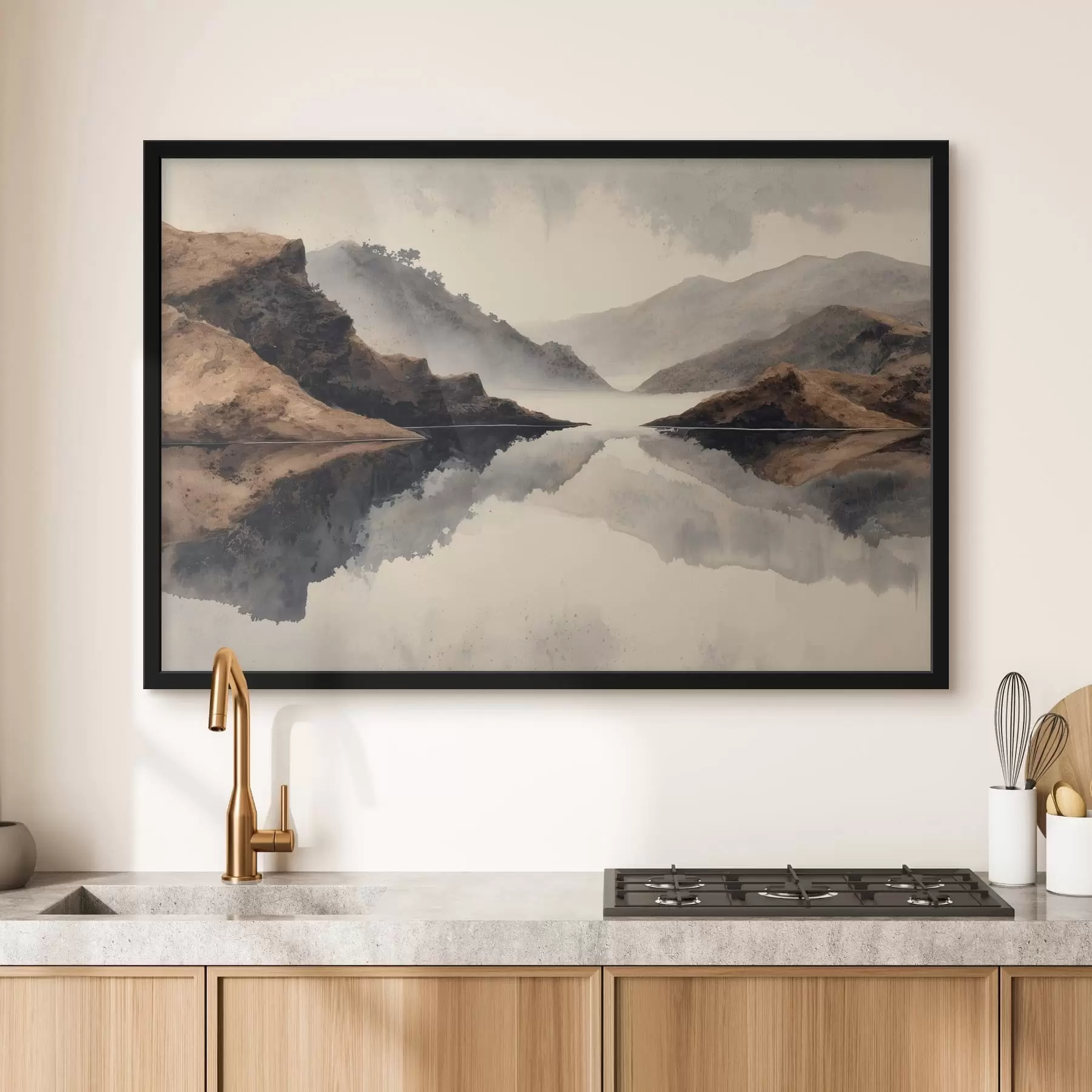 Fototapete Nebelige Berge und ein See mit Spiegelbild f49186