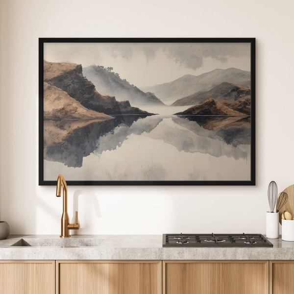 Poster Nebelige Berge und ein See mit Spiegelbild, Posters Natur, f49186 : Uwalls