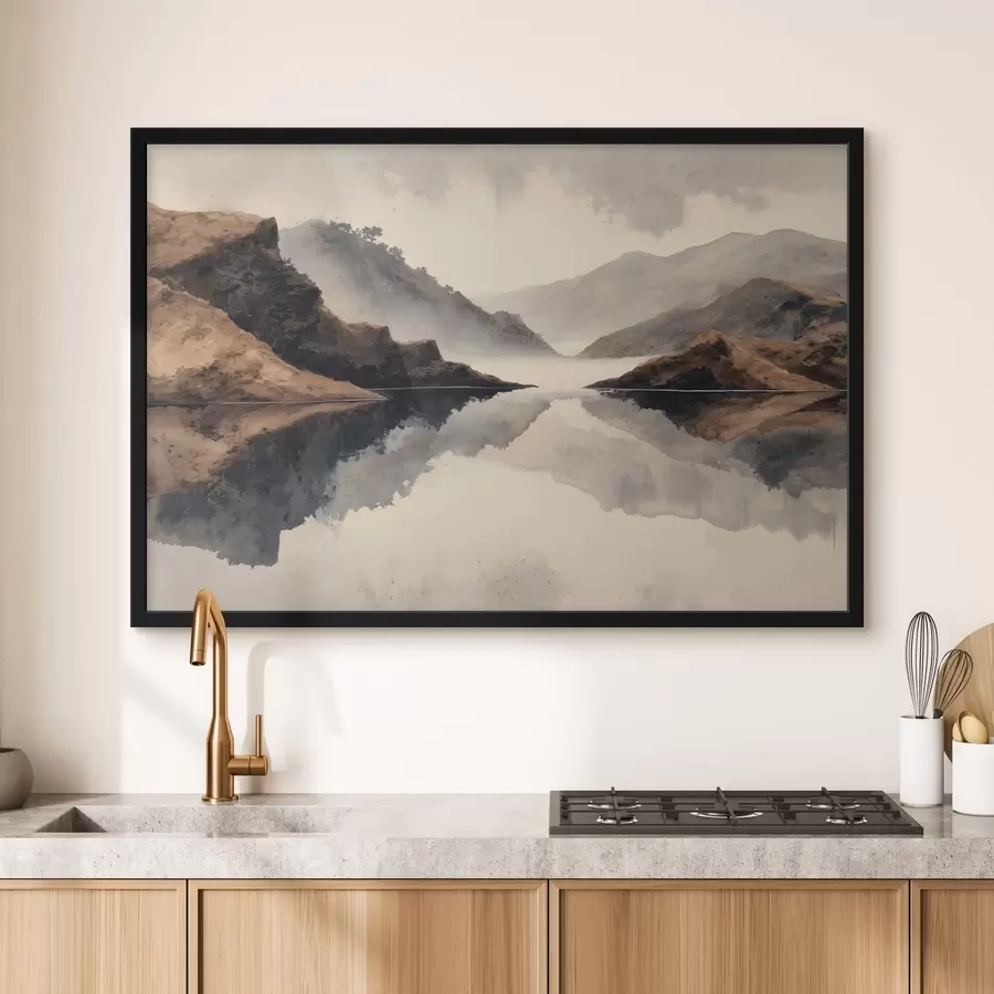 Fototapete Nebelige Berge und ein See mit Spiegelbild f49186