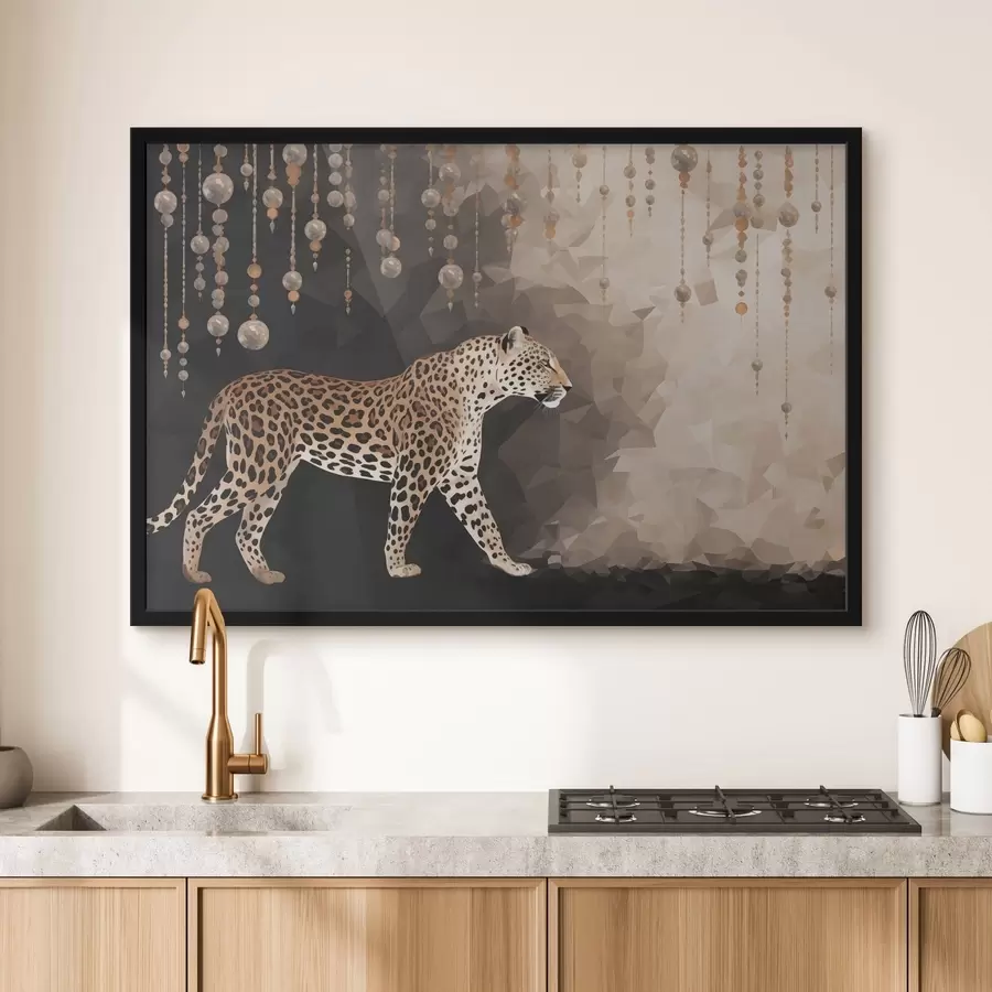 Fototapete Leopard vor geometrischem Hintergrund mit hängenden Elementen f49188
