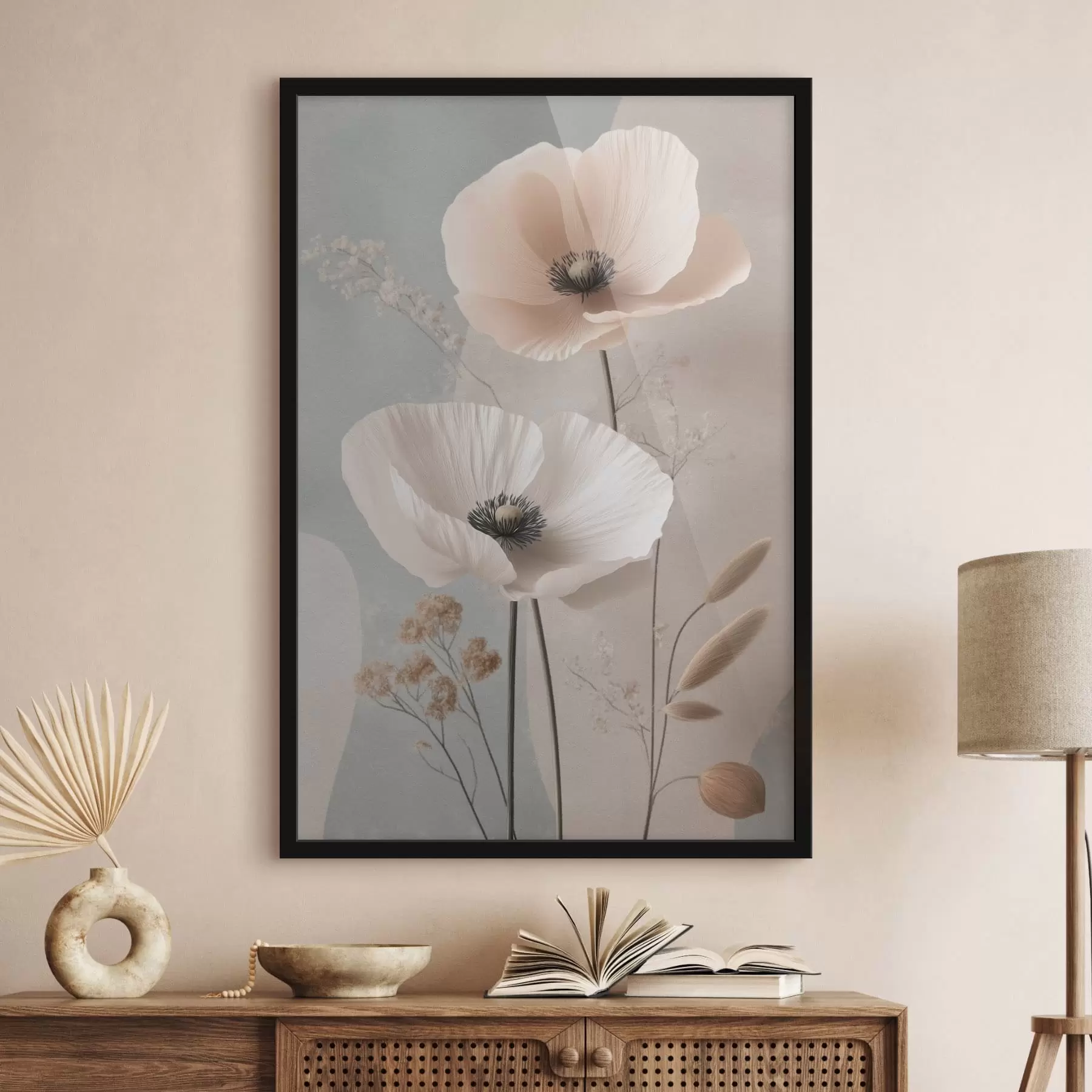 Fototapete Blasse Mohnblumen vor einem sanften Pastellhintergrund f49200