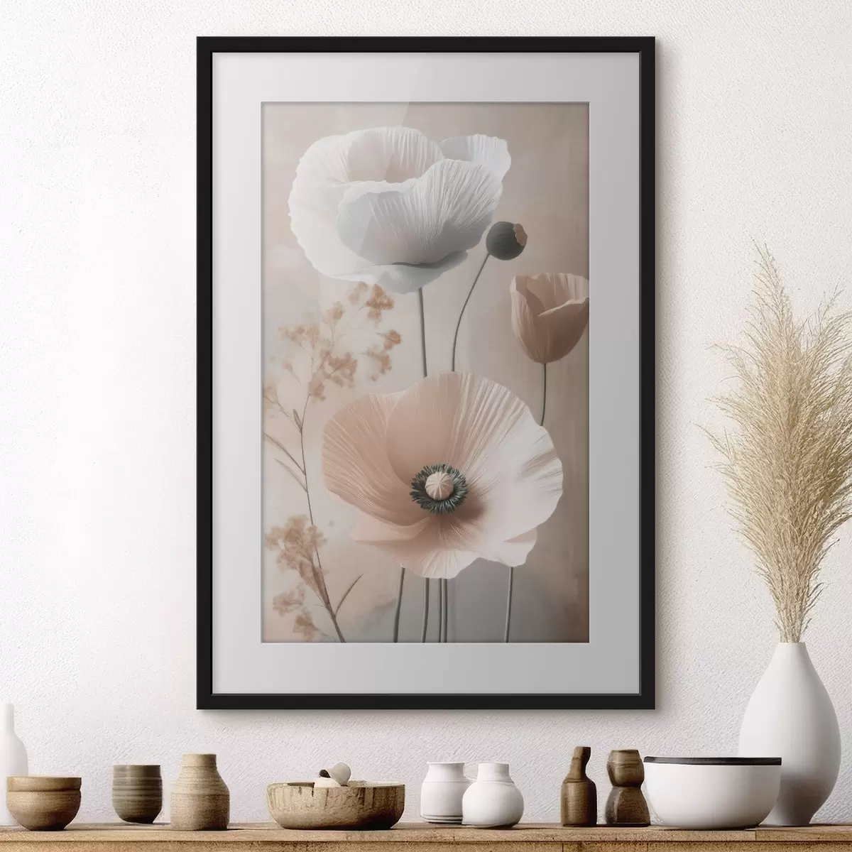 Poster Zarte Mohnblumen mit getrockneten Zweigen f49201