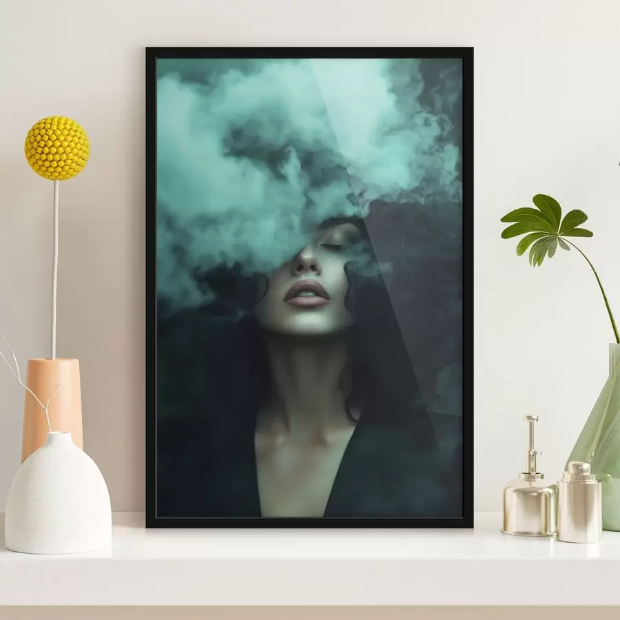 Fototapete Frauenporträt in türkisfarbenem Nebel f49219