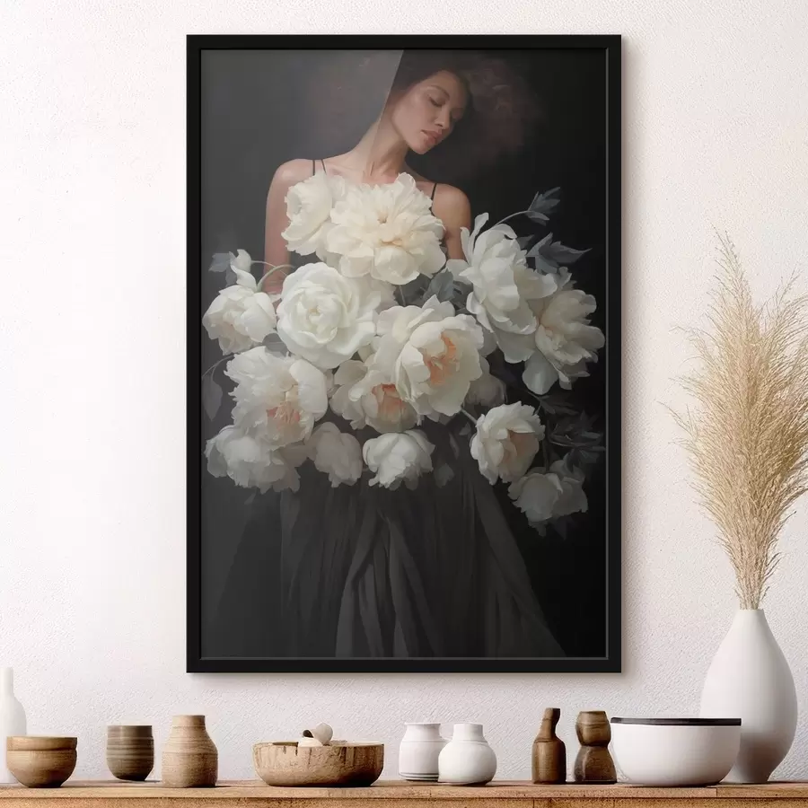 Fototapete Frau mit einem großen Strauß blasser Blumen f49220