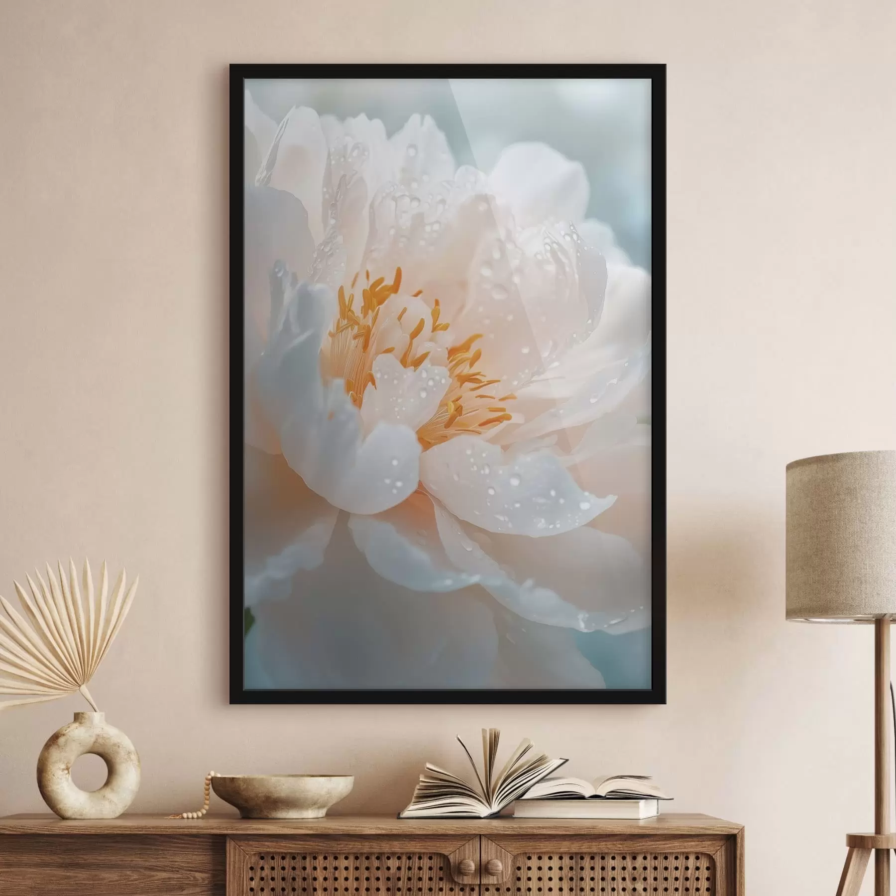 Fototapete Makroaufnahme einer Blume mit Tautropfen und sanftem Schimmer f49223
