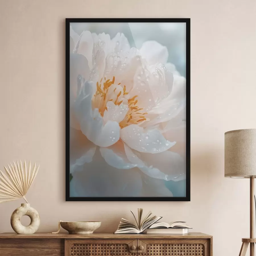 Fototapete Makroaufnahme einer Blume mit Tautropfen und sanftem Schimmer f49223