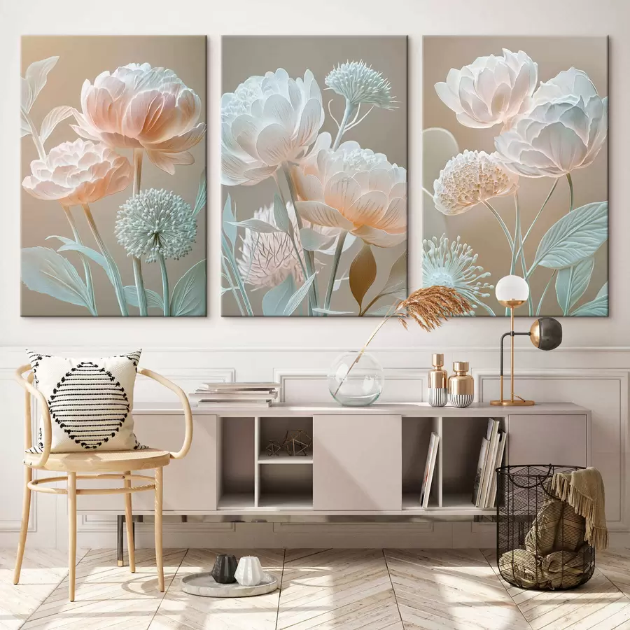 Fototapete Dreiteiliges Bild mit zarten, blassen Blumen m30489