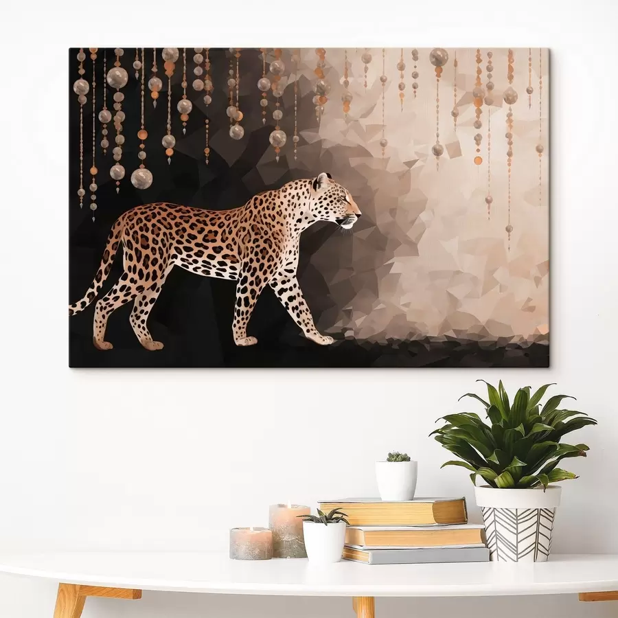 Fototapete Leopard vor geometrischem Hintergrund mit hängenden Elementen s49188