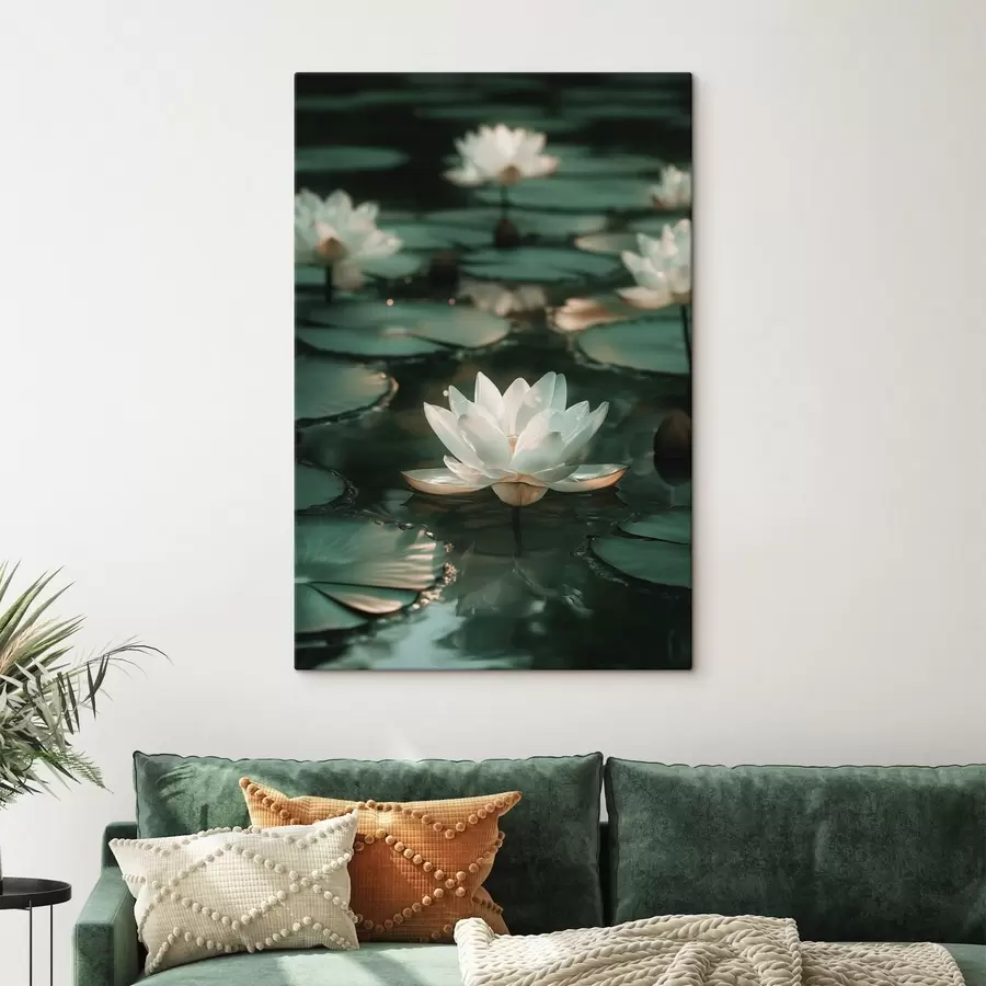 Fototapete Blasse Lotusblüten auf dunklem Wasser s49197