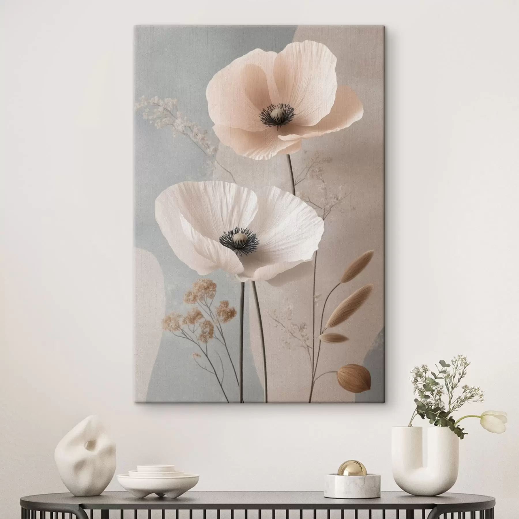 Fototapete Blasse Mohnblumen vor einem sanften Pastellhintergrund s49200