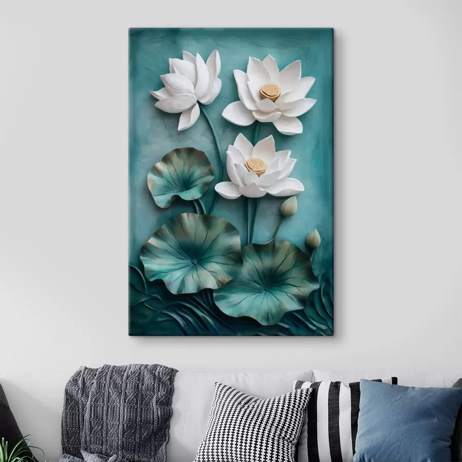 Fototapete Weiße Lotusblüten und Blätter auf türkisfarbenem Hintergrund s49204