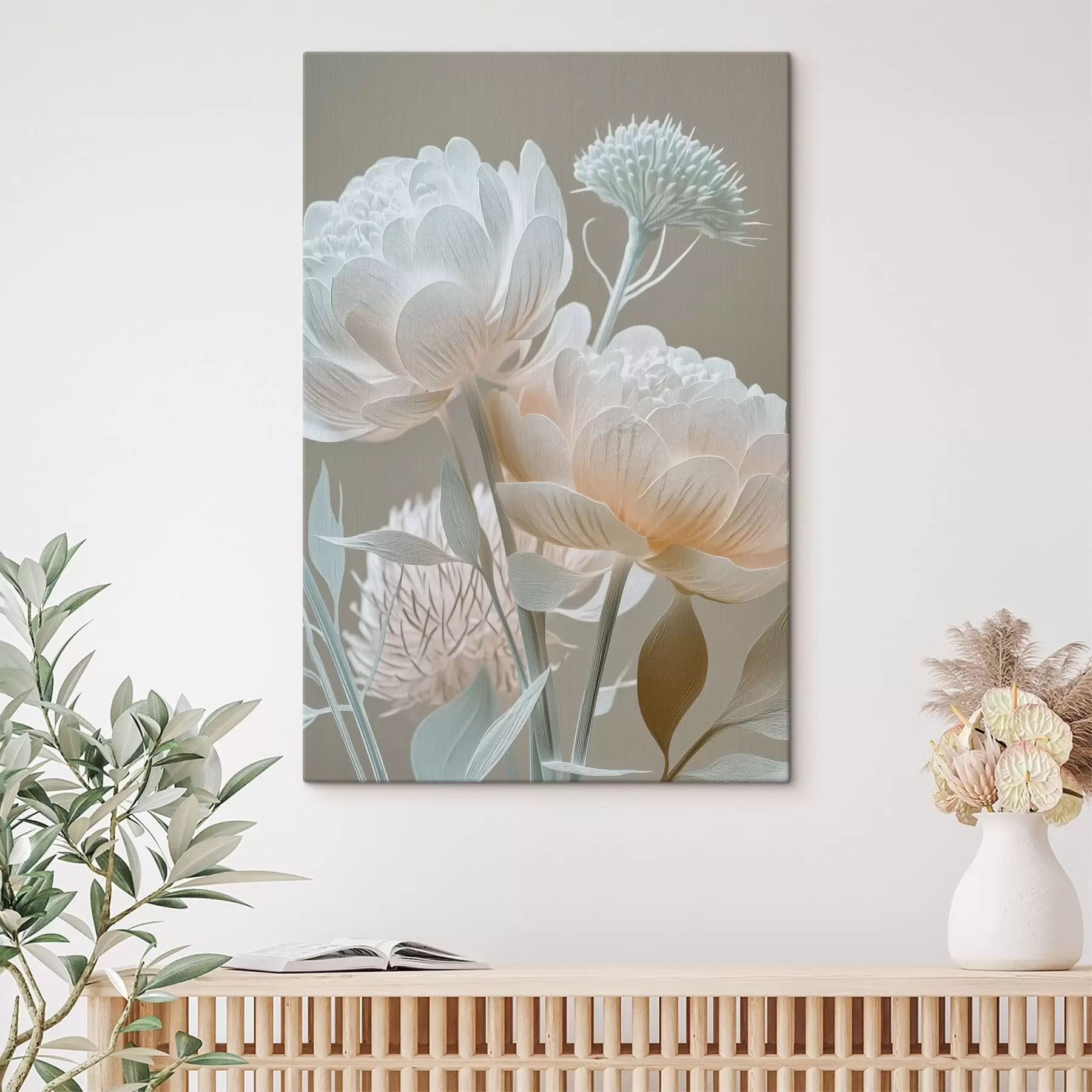 Fototapete Luftiges Arrangement aus pastellfarbenen Blumen s49210