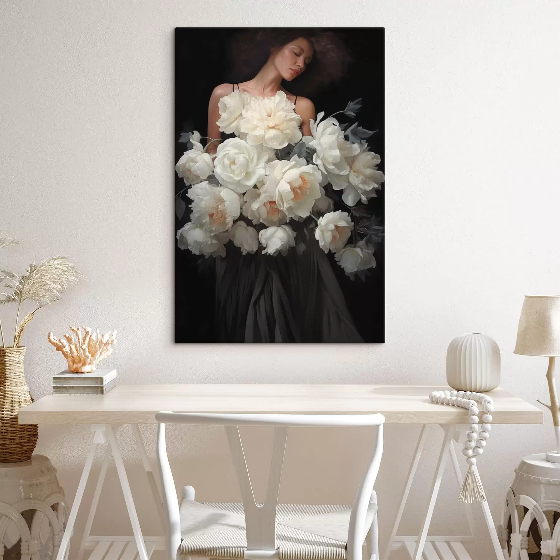 Fototapete Frau mit einem großen Strauß blasser Blumen s49220