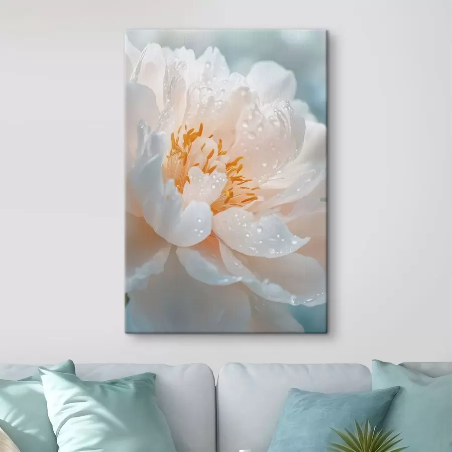 Fototapete Makroaufnahme einer Blume mit Tautropfen und sanftem Schimmer s49223