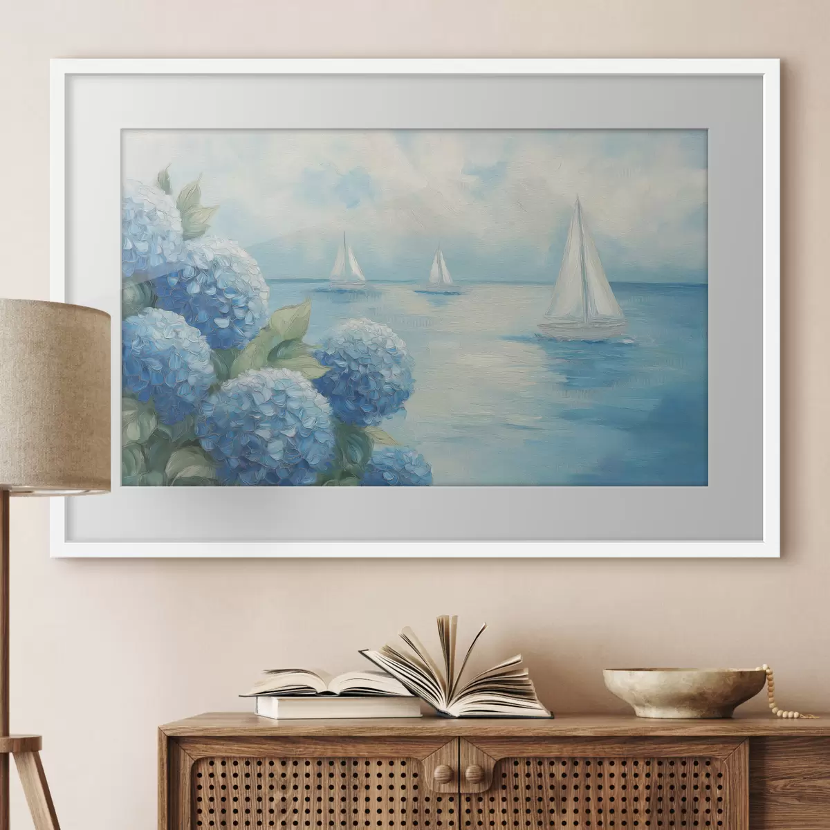 Poster Meereslandschaft mit Hortensien f49276
